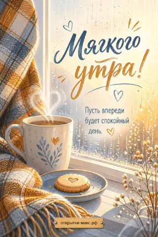 Чашка кофе с паром и печенье-сердечко под клетчатым пледом у окна с дождевыми каплями на стекле