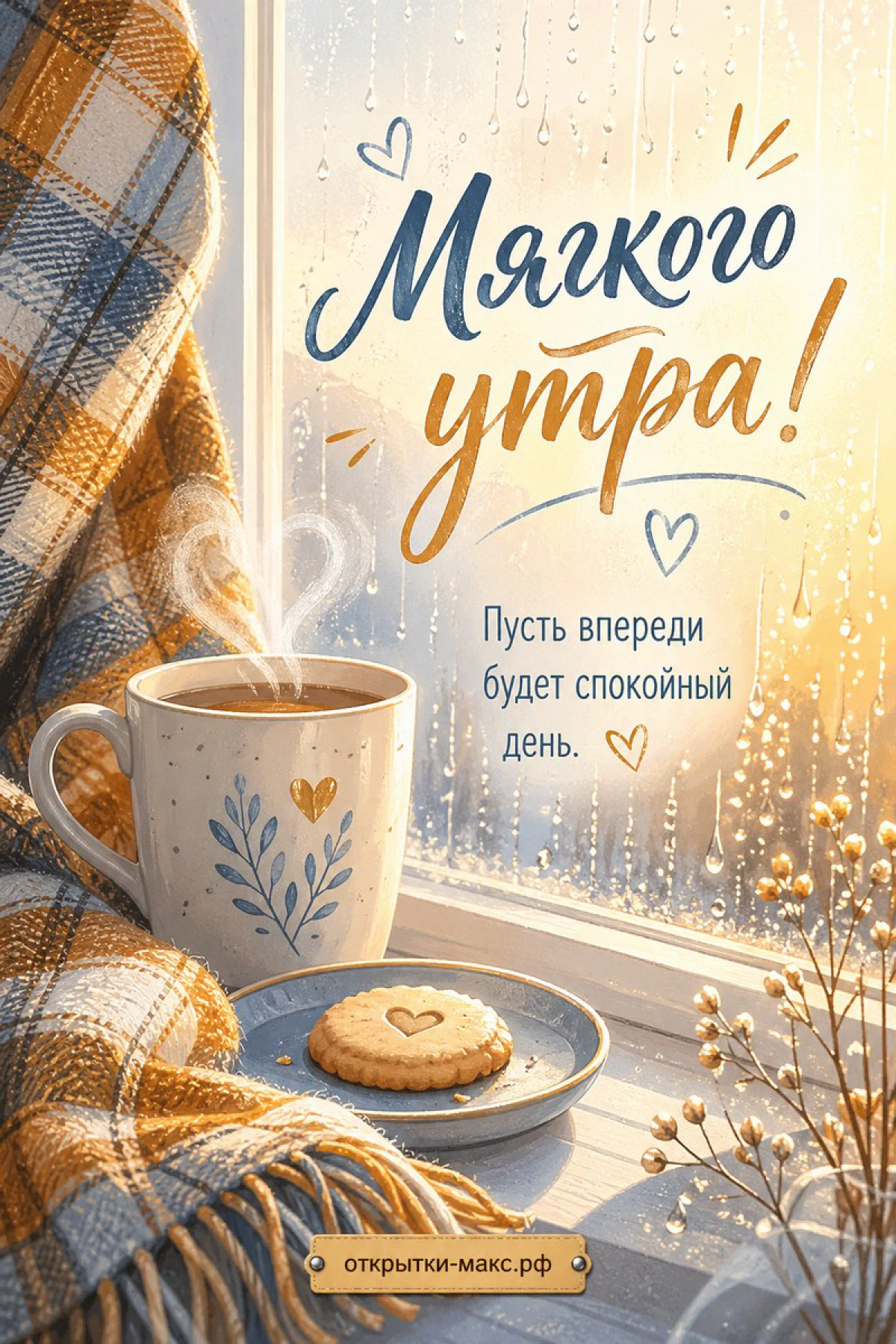 Чашка кофе с паром и печенье-сердечко под клетчатым пледом у окна с дождевыми каплями на стекле