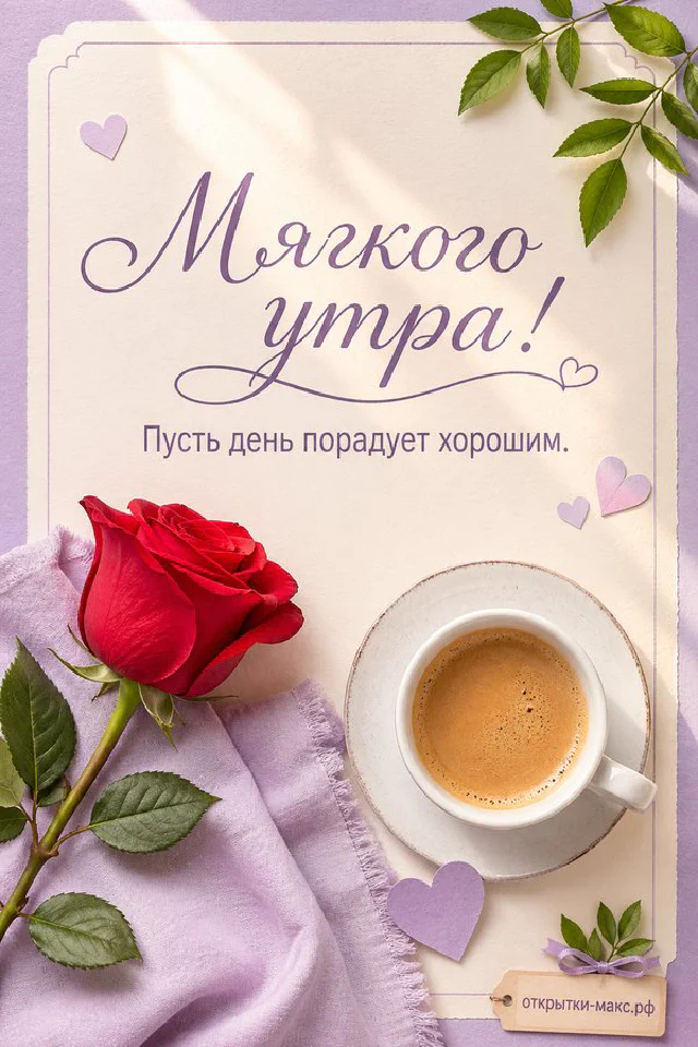 Белая чашка кофе и распускающаяся пастельная роза, акварель, надпись «Мягкого утра» — вариант 2