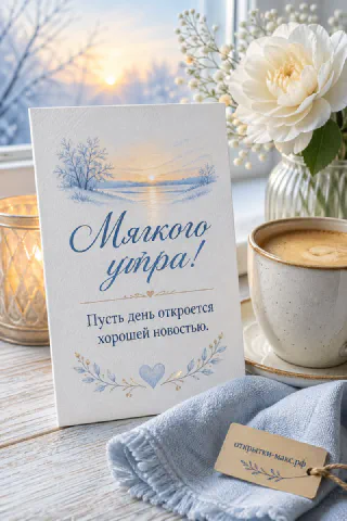 Чашка кофе и зажжённые свечи на деревянном столе, акварельная открытка с надписью «Мягкого утра»