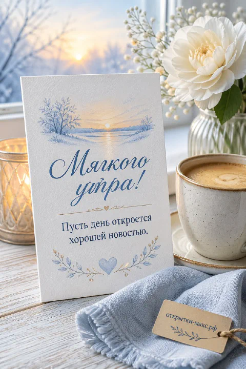 Чашка кофе и зажжённые свечи на деревянном столе, акварельная открытка с надписью «Мягкого утра»