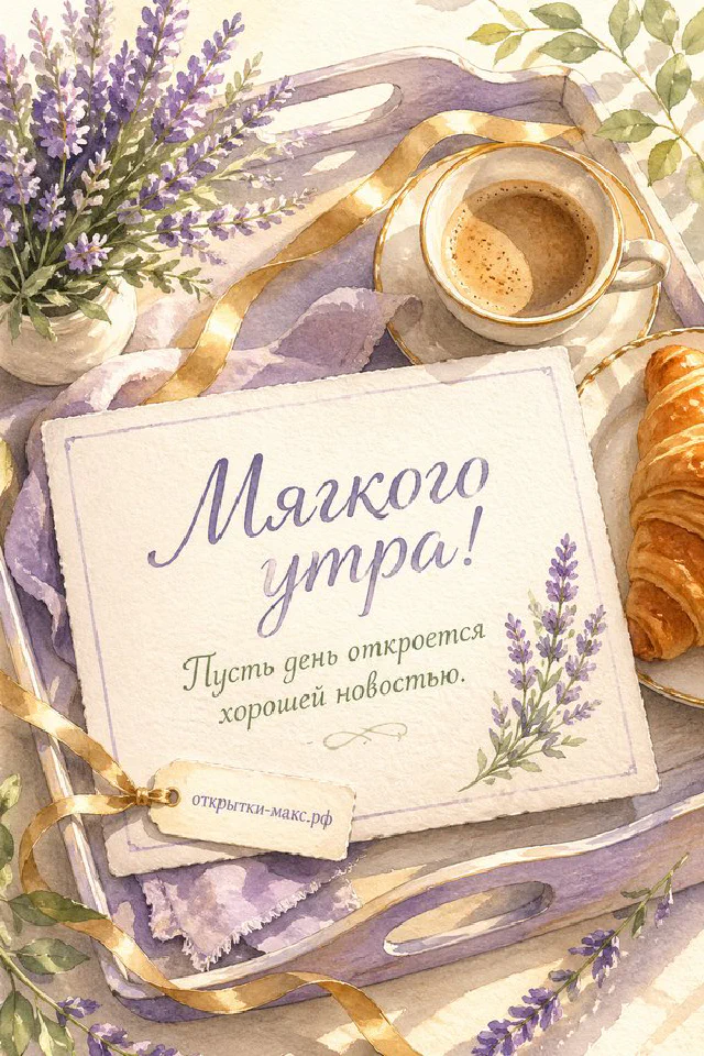 Чашка кофе и зажжённые свечи на деревянном столе, акварельная открытка с надписью «Мягкого утра» — вариант 2