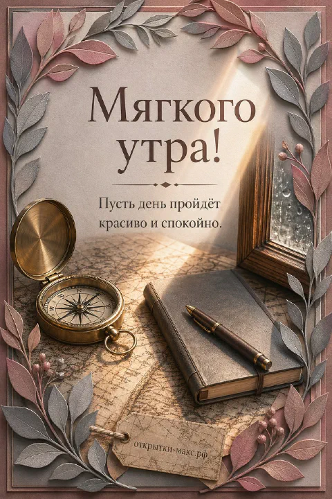 Латунный компас и кожаный блокнот с ручкой на старинной географической карте в рамке из листьев