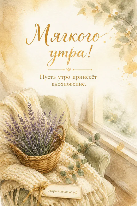 Корзина с букетом лаванды рядом с креслом у окна, акварель, надпись «Мягкого утра»