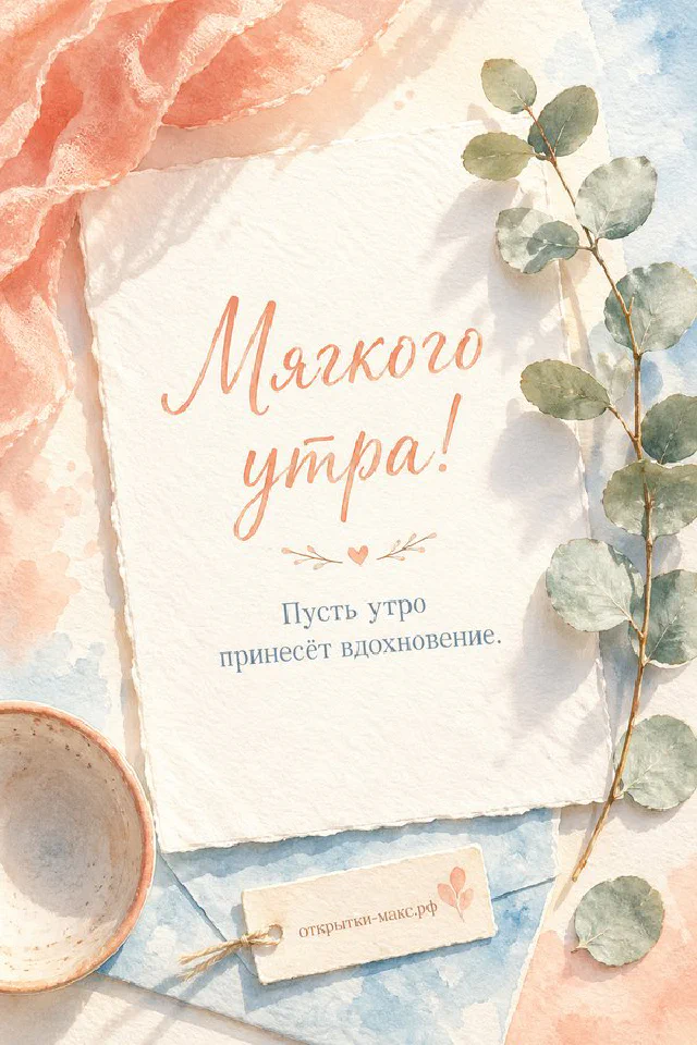 Корзина с букетом лаванды рядом с креслом у окна, акварель, надпись «Мягкого утра» — вариант 2