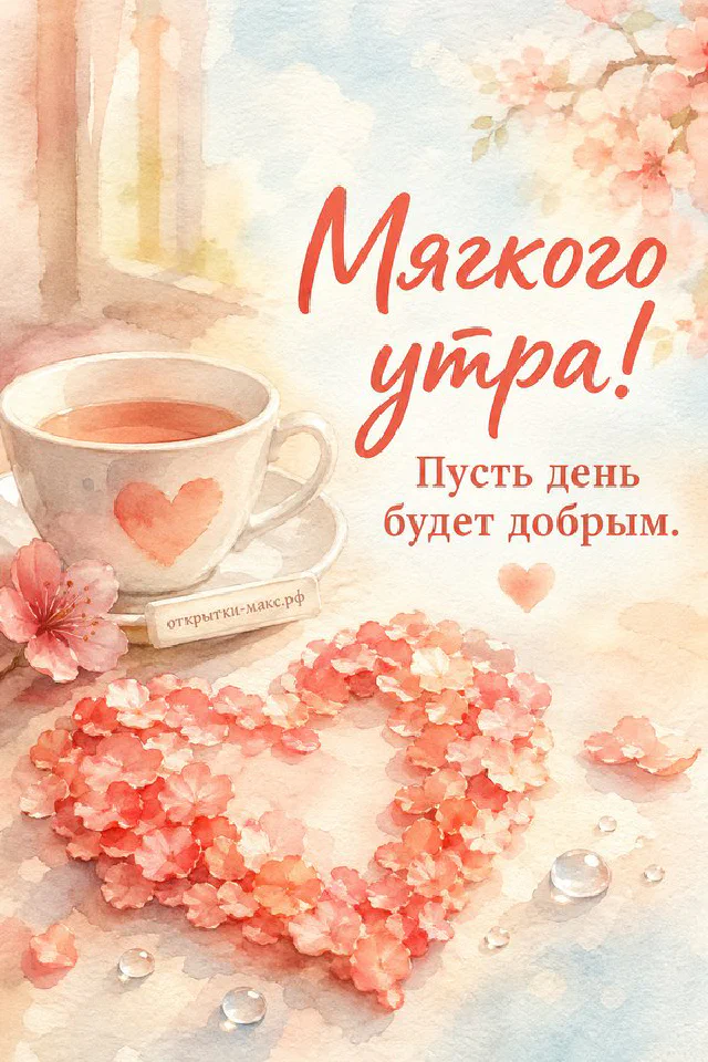Открытка «Мягкого утра» с букетом розовых роз, чашкой чая и сердцем из лепестков роз на столе — вариант 5