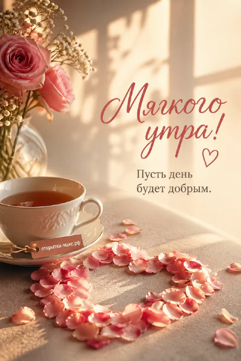 Открытка «Мягкого утра» с букетом розовых роз, чашкой чая и сердцем из лепестков роз на столе