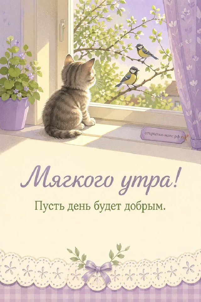 Открытка «Мягкого утра» с букетом розовых роз, чашкой чая и сердцем из лепестков роз на столе — вариант 2