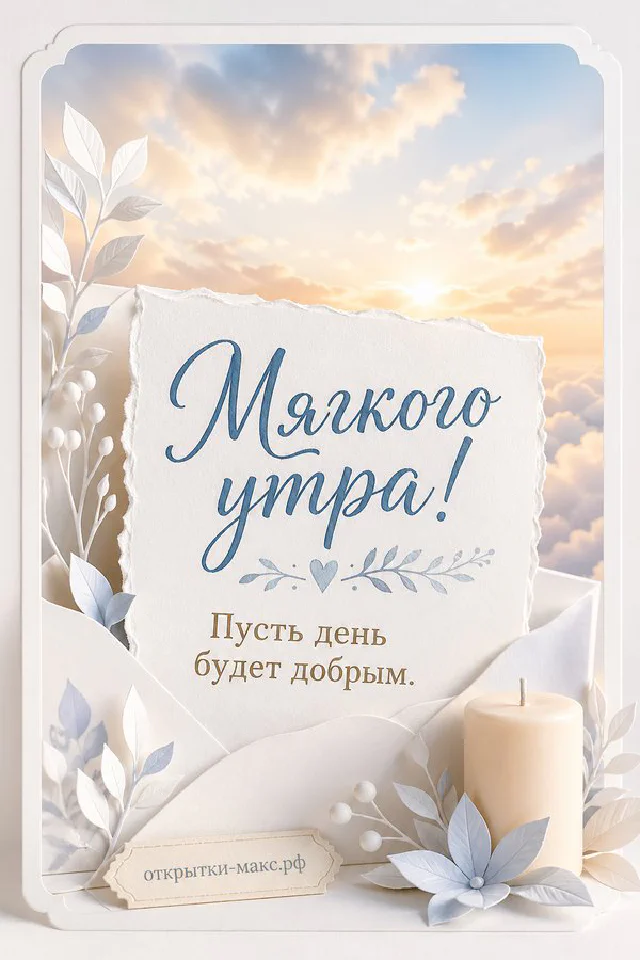 Открытка «Мягкого утра» с букетом розовых роз, чашкой чая и сердцем из лепестков роз на столе — вариант 4