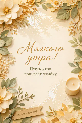 Открытка «Мягкого утра» с белой свечой, бежевыми цветами и рамкой из листьев и ландышей