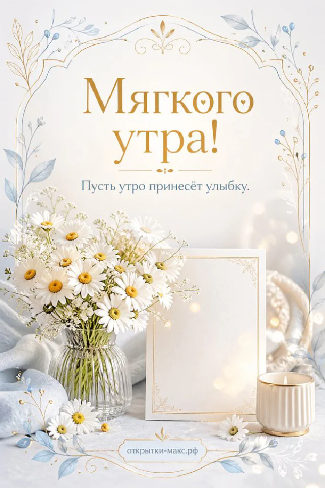 Открытка «Мягкого утра» с белой свечой, бежевыми цветами и рамкой из листьев и ландышей — вариант 2