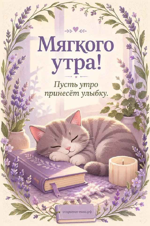 Открытка «Мягкого утра» с белой свечой, бежевыми цветами и рамкой из листьев и ландышей — вариант 5