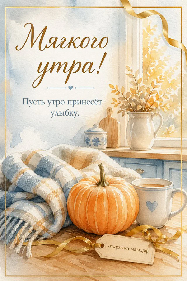 Открытка «Мягкого утра» с белой свечой, бежевыми цветами и рамкой из листьев и ландышей — вариант 3
