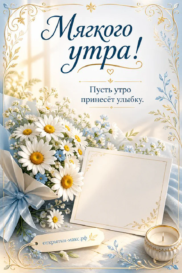 Открытка «Мягкого утра» с белой свечой, бежевыми цветами и рамкой из листьев и ландышей — вариант 4