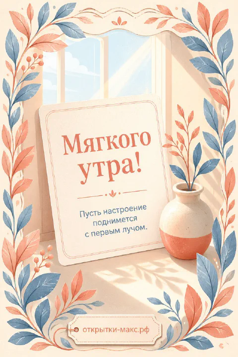 Иллюстрированная открытка с вазой и листьями у окна в стиле флэт, надпись Мягкого утра и солнечный рассвет