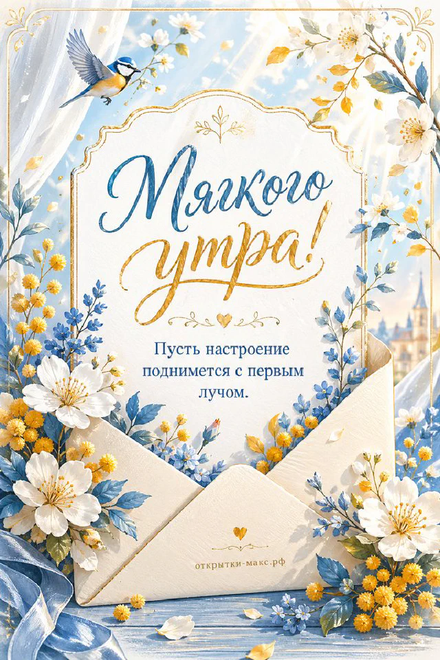 Иллюстрированная открытка с вазой и листьями у окна в стиле флэт, надпись Мягкого утра и солнечный рассвет — вариант 2