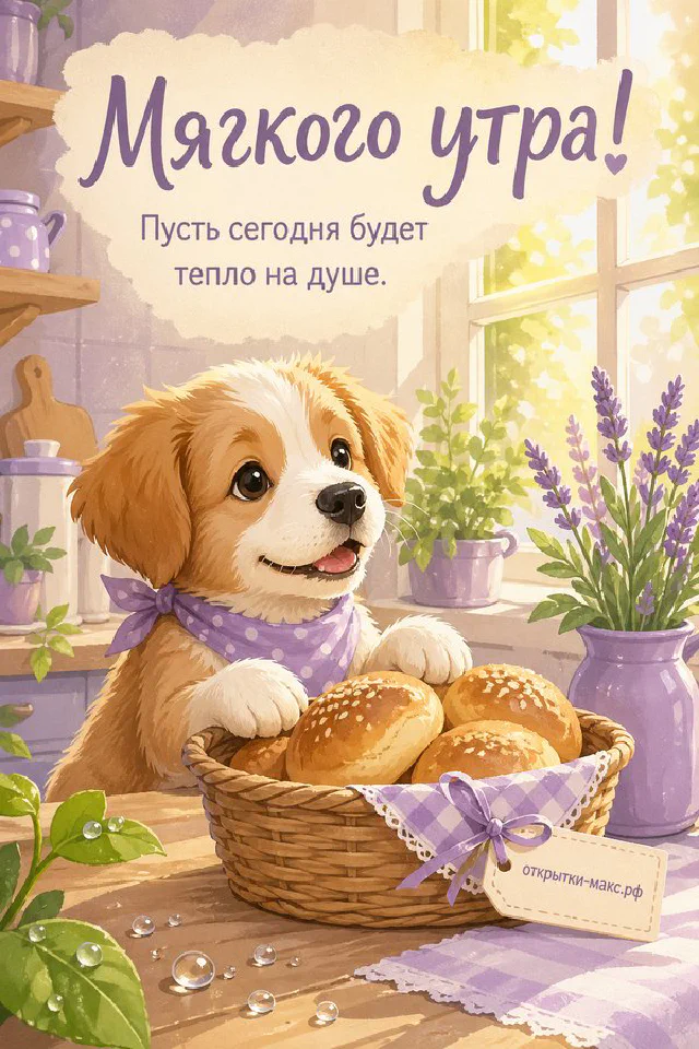 Открытка «Мягкого утра» с веточками зелени, жёлтой мимозой и нежно-кремовым цветком на бежевом фоне — вариант 3