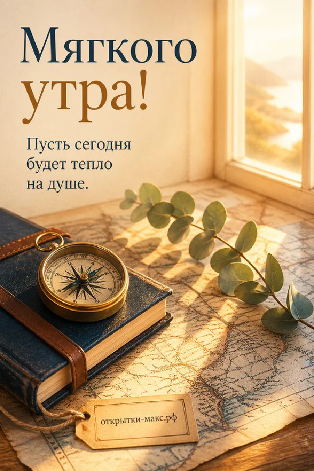 Открытка «Мягкого утра» с веточками зелени, жёлтой мимозой и нежно-кремовым цветком на бежевом фоне — вариант 4