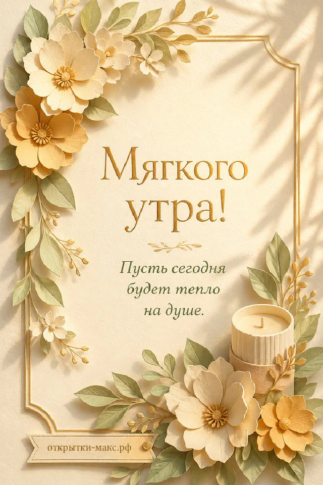 Открытка «Мягкого утра» с веточками зелени, жёлтой мимозой и нежно-кремовым цветком на бежевом фоне — вариант 5