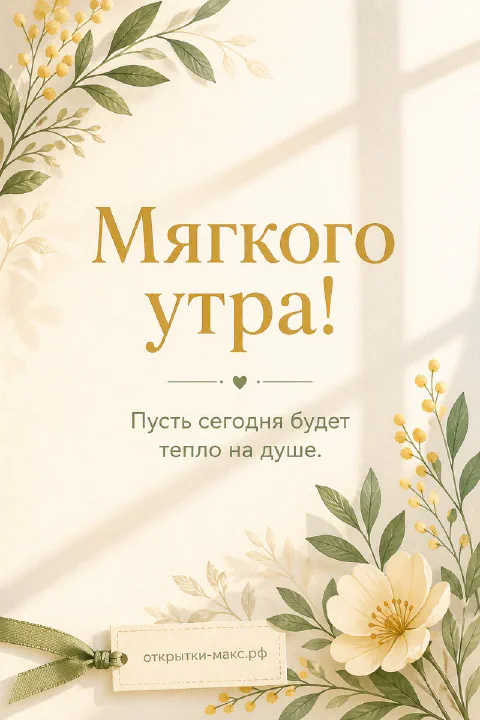 Открытка «Мягкого утра» с веточками зелени, жёлтой мимозой и нежно-кремовым цветком на бежевом фоне