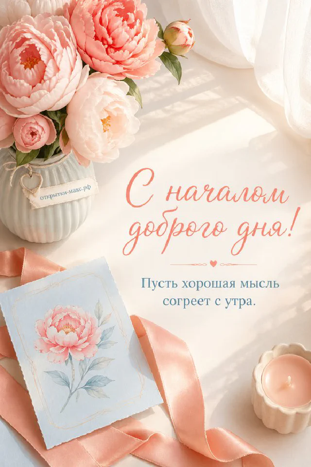 Открытка с розовыми пионами в белой вазе, голубой лентой и круглым печеньем на пастельном фоне — вариант 2