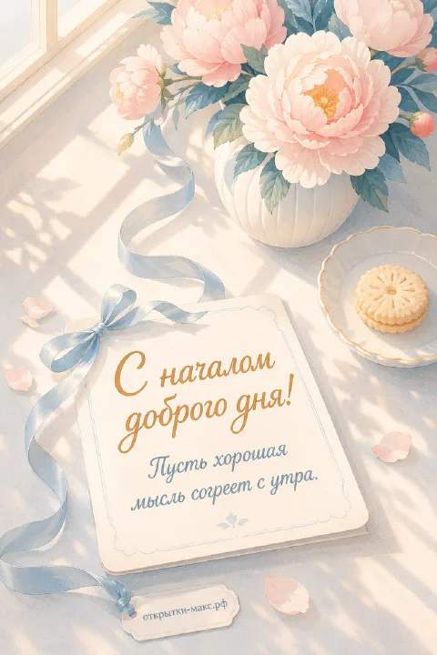 Открытка с розовыми пионами в белой вазе, голубой лентой и круглым печеньем на пастельном фоне