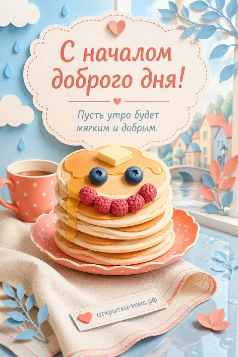 Горка пышных блинчиков с ягодами и маслом, кружка кофе и бумажный городок на фоне утреннего неба