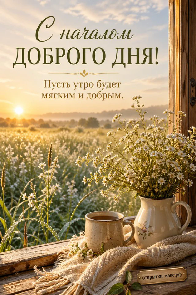 Горка пышных блинчиков с ягодами и маслом, кружка кофе и бумажный городок на фоне утреннего неба — вариант 2
