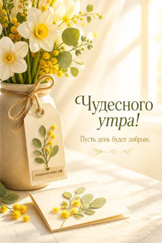 Букет белых нарциссов и мимозы в керамической вазе на фоне светлого окна с конвертом и надписью Чудесного утра