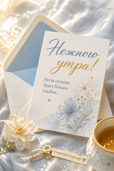 Акварельная открытка с букетом полевых цветов и белым конвертом, надпись «Нежного утра»