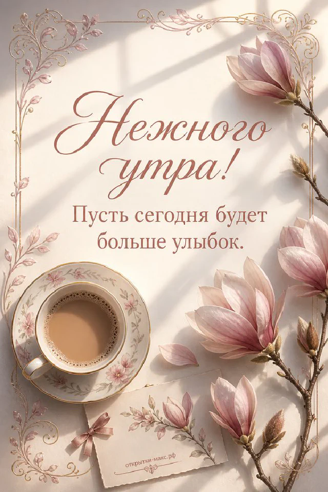 Акварельная открытка с букетом полевых цветов и белым конвертом, надпись «Нежного утра» — вариант 2