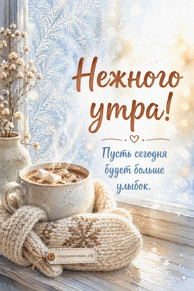 Акварельная открытка с букетом полевых цветов и белым конвертом, надпись «Нежного утра» — вариант 3