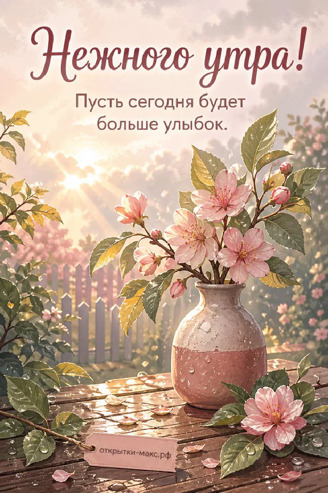 Акварельная открытка с букетом полевых цветов и белым конвертом, надпись «Нежного утра» — вариант 6