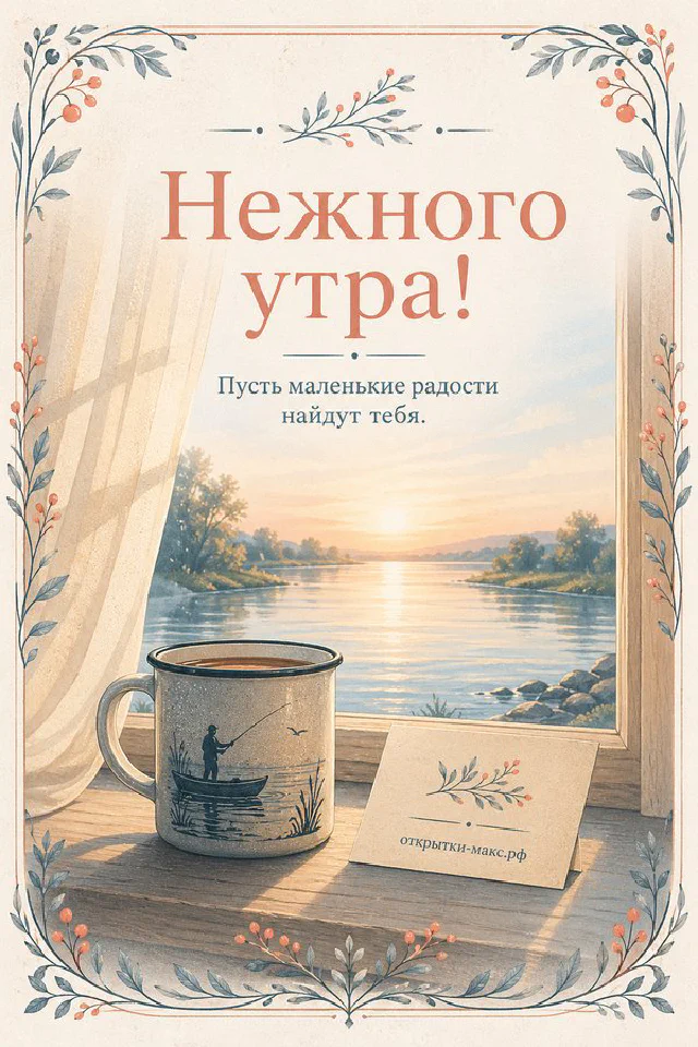 Открытка с букетом белых и голубых цветов у солнечного балкона, свеча и конверт с голубым бантом — вариант 2