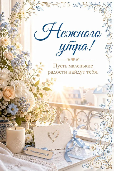 Открытка с букетом белых и голубых цветов у солнечного балкона, свеча и конверт с голубым бантом