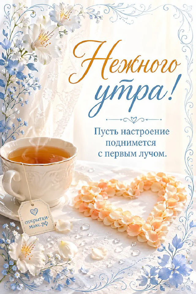 Букет розовых тюльпанов в фарфоровой вазе и чашка кофе на столике в утреннем саду на фоне восходящего солнца — вариант 3