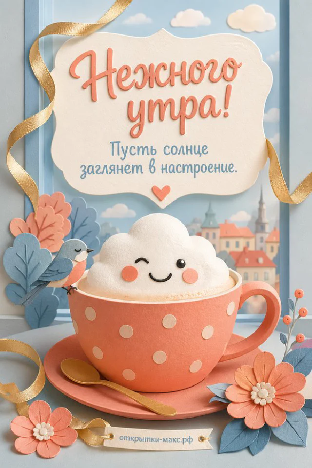 Чашка горячего чая и веточки лаванды в утреннем солнечном свете, акварель, надпись «Нежного утра» — вариант 2
