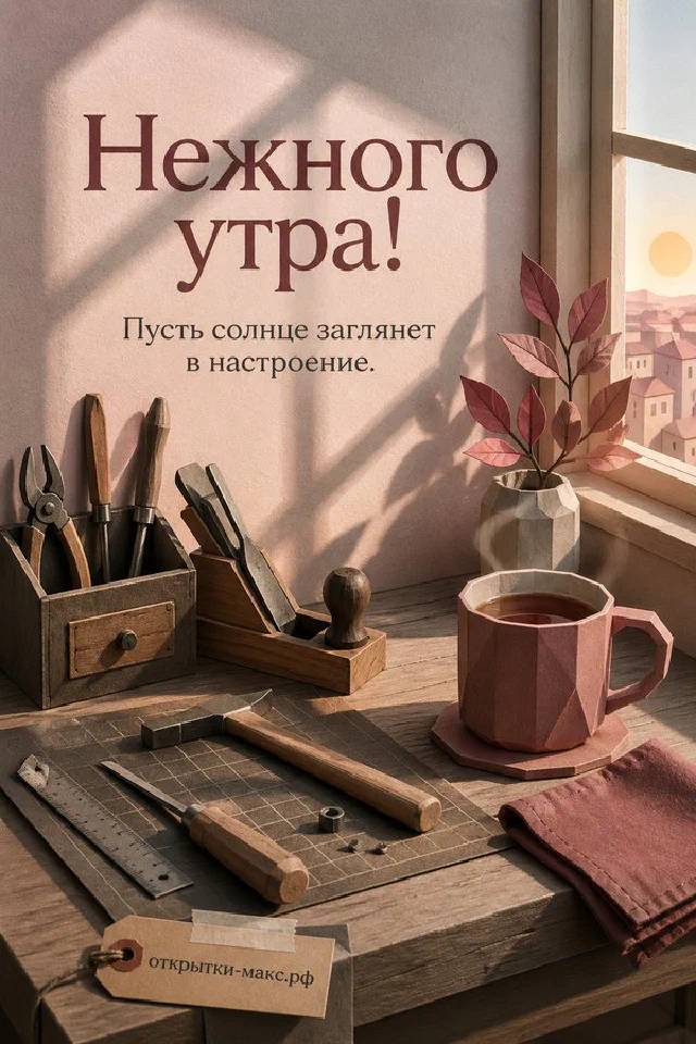 Чашка горячего чая и веточки лаванды в утреннем солнечном свете, акварель, надпись «Нежного утра» — вариант 3