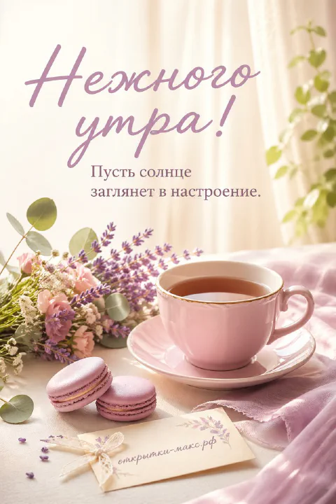 Чашка горячего чая и веточки лаванды в утреннем солнечном свете, акварель, надпись «Нежного утра»