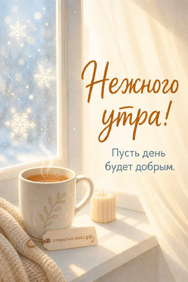 Розовая чашка с сердечком, винтажный будильник и печенье на блюдце — открытка с надписью Нежного утра — вариант 3
