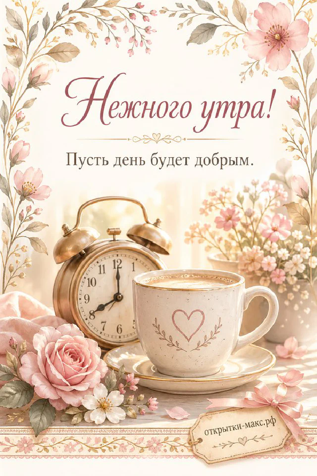 Розовая чашка с сердечком, винтажный будильник и печенье на блюдце — открытка с надписью Нежного утра — вариант 6