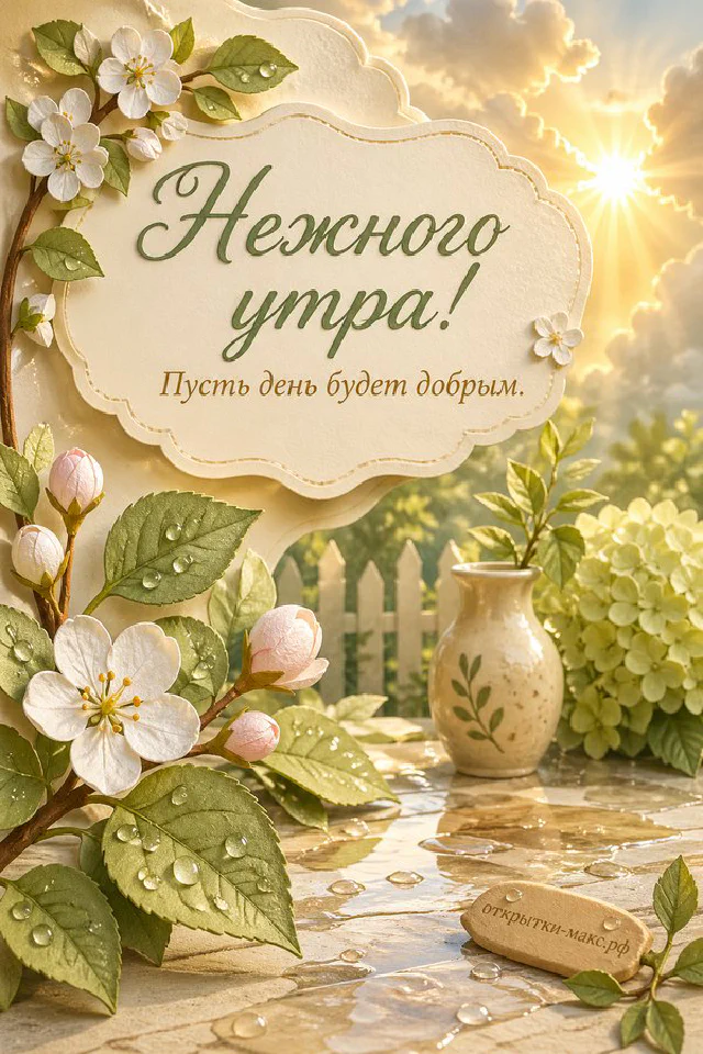 Розовая чашка с сердечком, винтажный будильник и печенье на блюдце — открытка с надписью Нежного утра — вариант 7