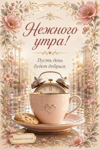 Розовая чашка с сердечком, винтажный будильник и печенье на блюдце — открытка с надписью Нежного утра
