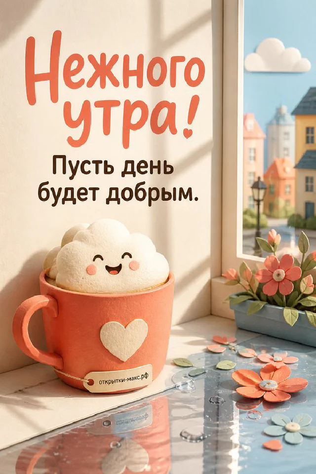 Розовая чашка с сердечком, винтажный будильник и печенье на блюдце — открытка с надписью Нежного утра — вариант 2