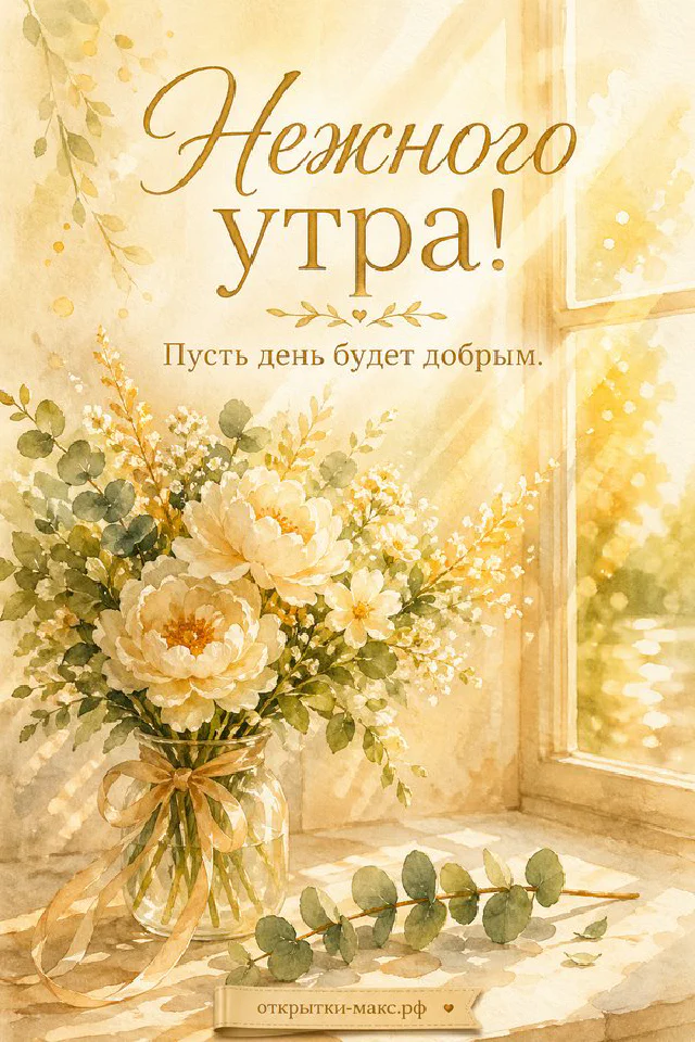 Розовая чашка с сердечком, винтажный будильник и печенье на блюдце — открытка с надписью Нежного утра — вариант 4