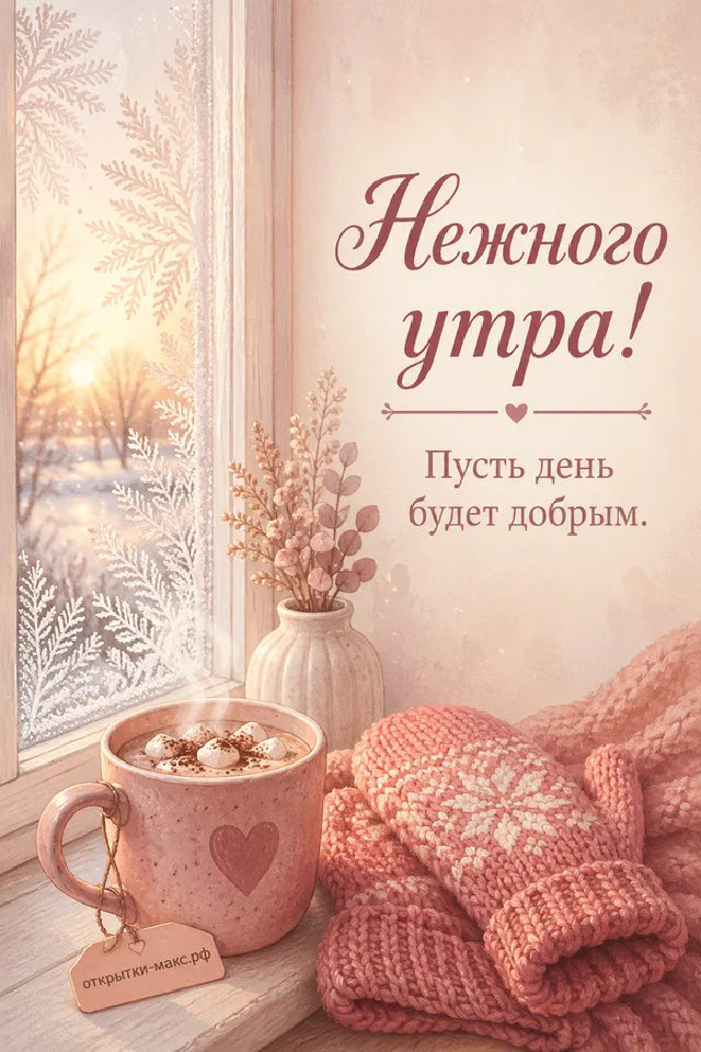 Розовая чашка с сердечком, винтажный будильник и печенье на блюдце — открытка с надписью Нежного утра — вариант 5