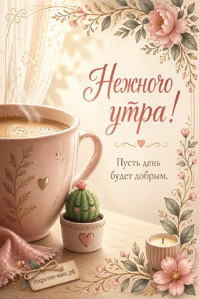 Розовая чашка с сердечком, винтажный будильник и печенье на блюдце — открытка с надписью Нежного утра — вариант 8