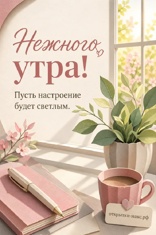 Чашка чая на блюдце рядом с вазой полевых цветов у окна с мягким утренним светом и надписью «Нежного утра» — вариант 6