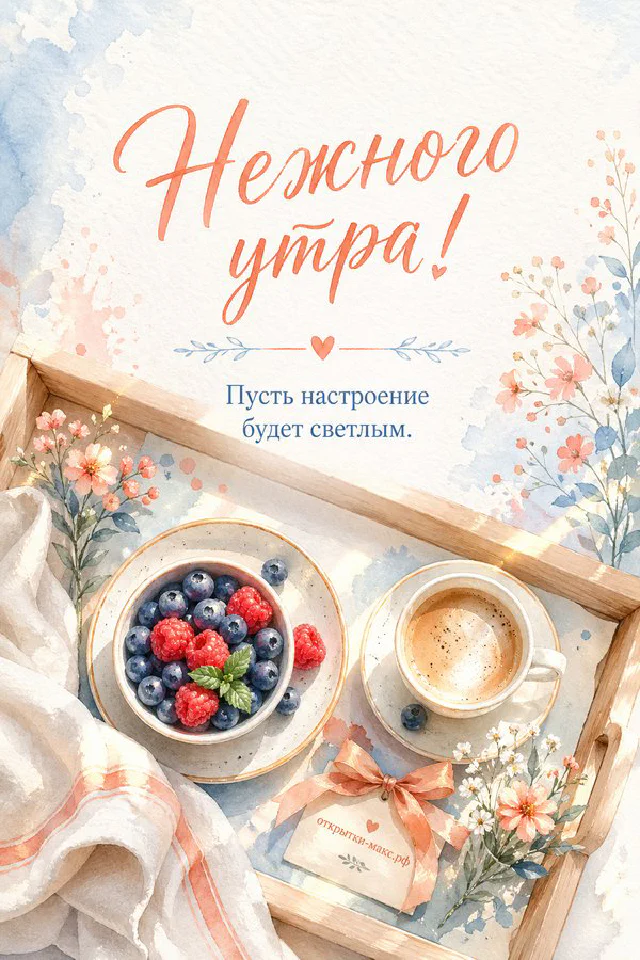 Чашка чая на блюдце рядом с вазой полевых цветов у окна с мягким утренним светом и надписью «Нежного утра» — вариант 8