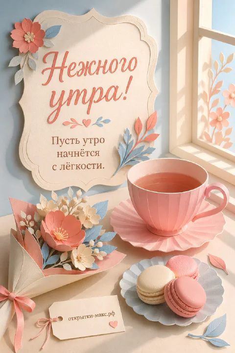 Розовая фарфоровая чашка чая на блюдце, тарелочка с макарунами и бумажный букет у окна в пастельной гамме